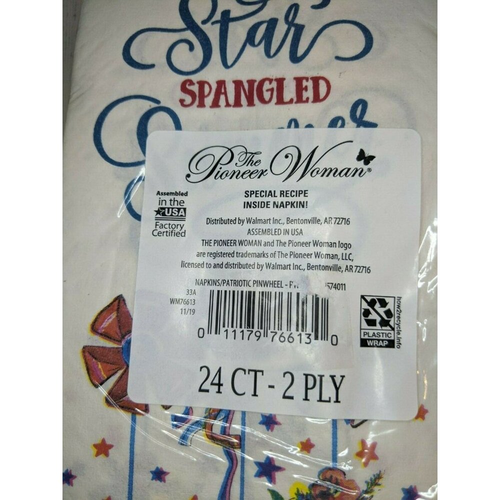 24 Pioneer Woman Paper Napkins Red White Blue Summer Patriotic Pinwheel w Recipe - Picture 3 of 3